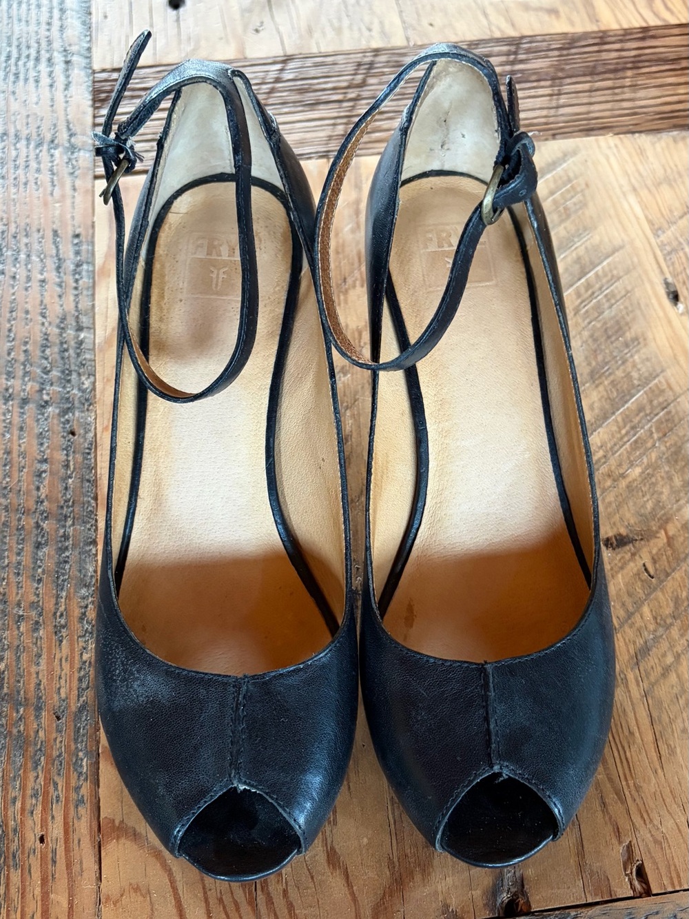 Frye ankle strap black leather pumps